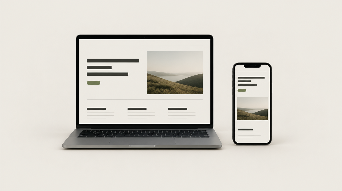 Un portátil y un teléfono mostrando un sitio web de diseño editorial, sobre un fondo neutro.